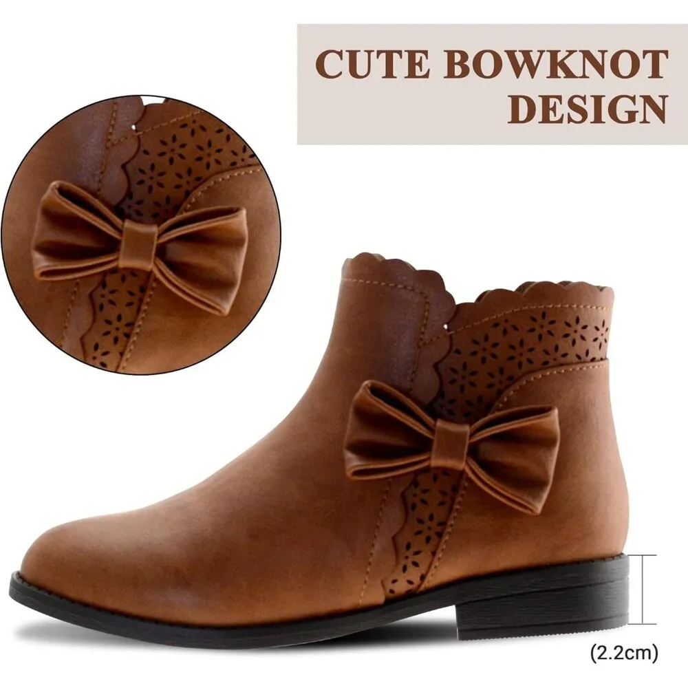 🆕Girls‎ Brown a Polyurethane Ankle Bow Side Zipper Outdoor Warm Low Heel Boot